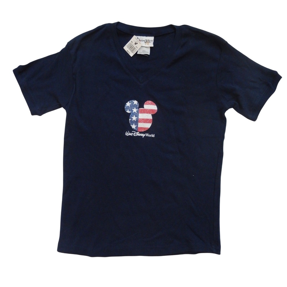 NWT Vintage Y2K Walt Disney World Navy V-Neck T-Shirt Patriotic Mickey Small